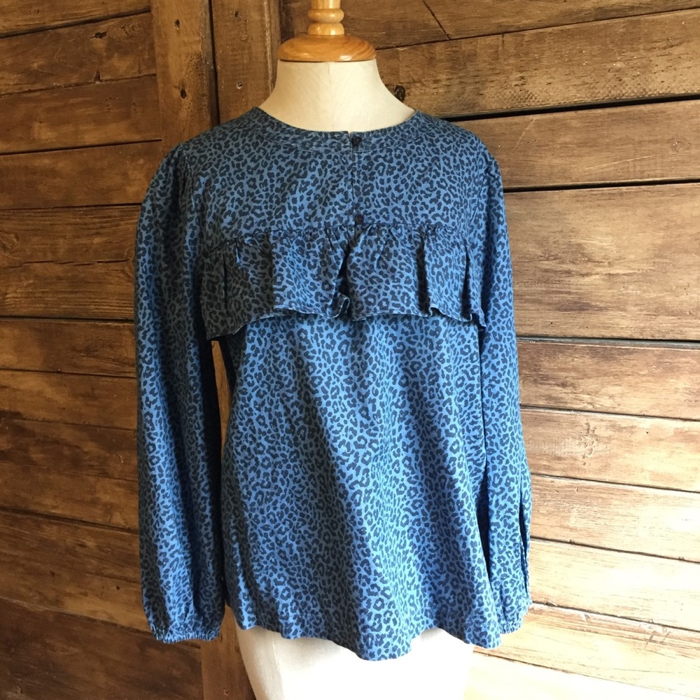 New J. Crew indigo cheetah print ruffle blouse M